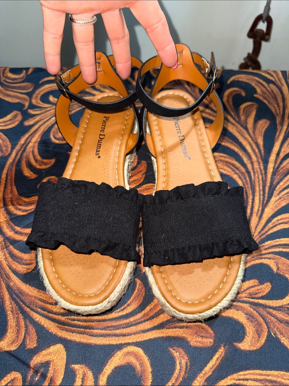 Pierre Dumas Black Ruffle Ankle-Strap Espadrille Sandals